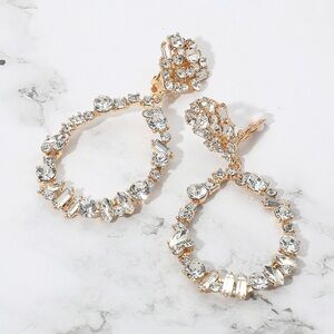 Gold or Silver Stone Cluster Embellish Teardrop Dangle Evening Clip On Earrings
